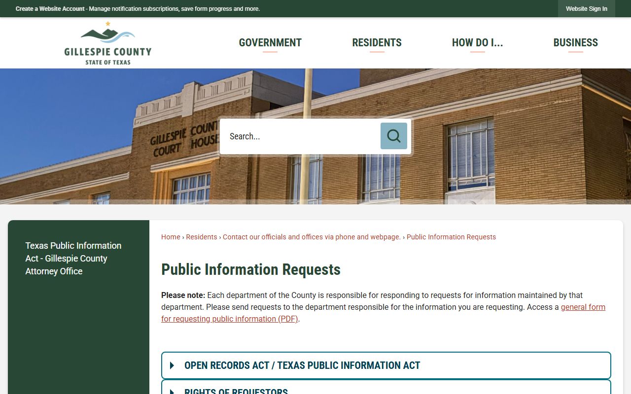 Gillespie County public information request page for booking photos