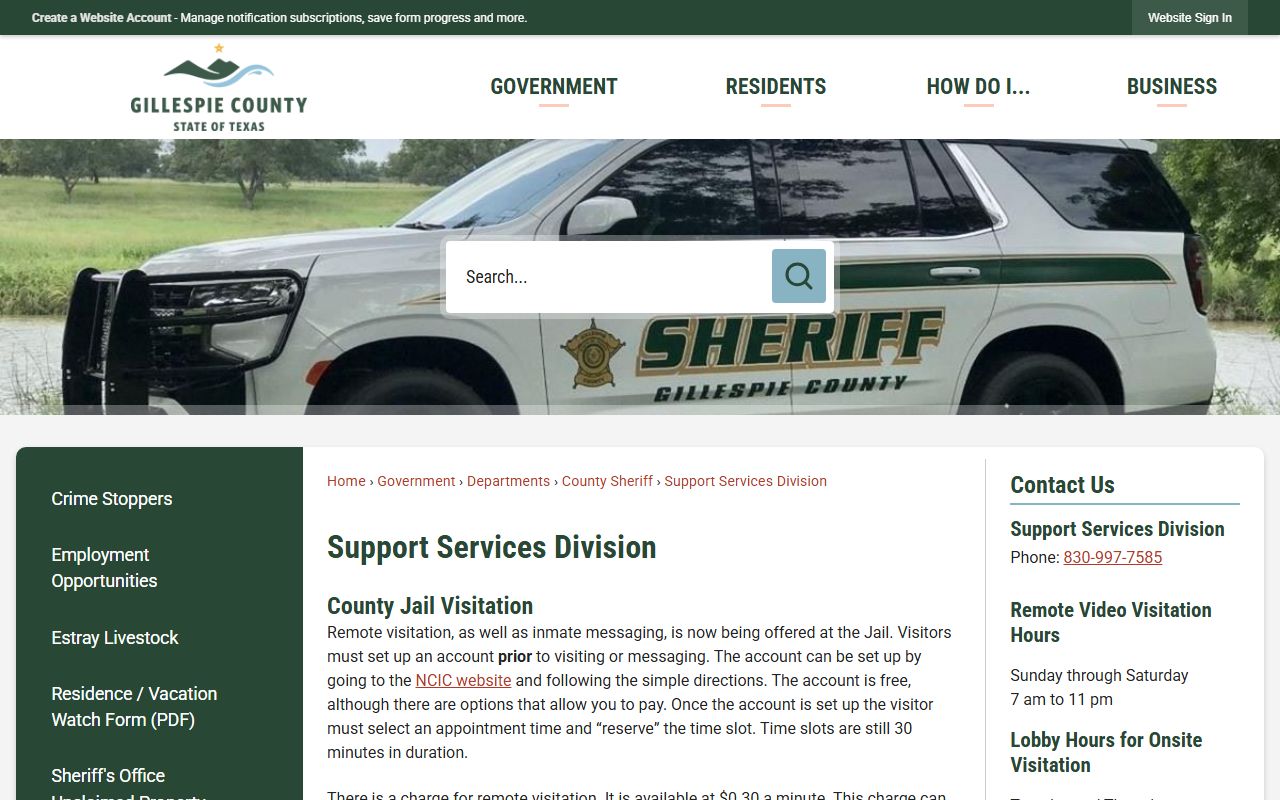 Gillespie County jail support services inmate records and NCIC information